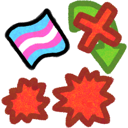 a trans flag on the top left corner, a green arrow is pointing down next to it to two red spiky blobs to represent harm, the arrow is crossed out by a red X